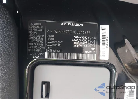 2012 Mercedes-Benz Sprinter 2500 Normal Roof z USA, uszkodzony, nr VIN WDZPE7CC3C5646865